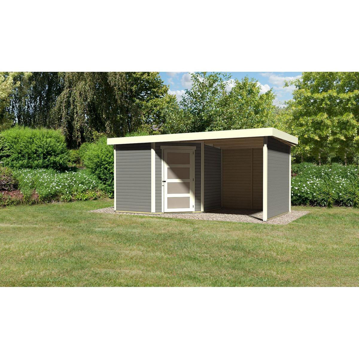 Karibu Gartenhaus Schwandorf 3/5 mit Anbaudach 220 cm und Seiten-/Rückwand 462 x 246 x 218 cm grau