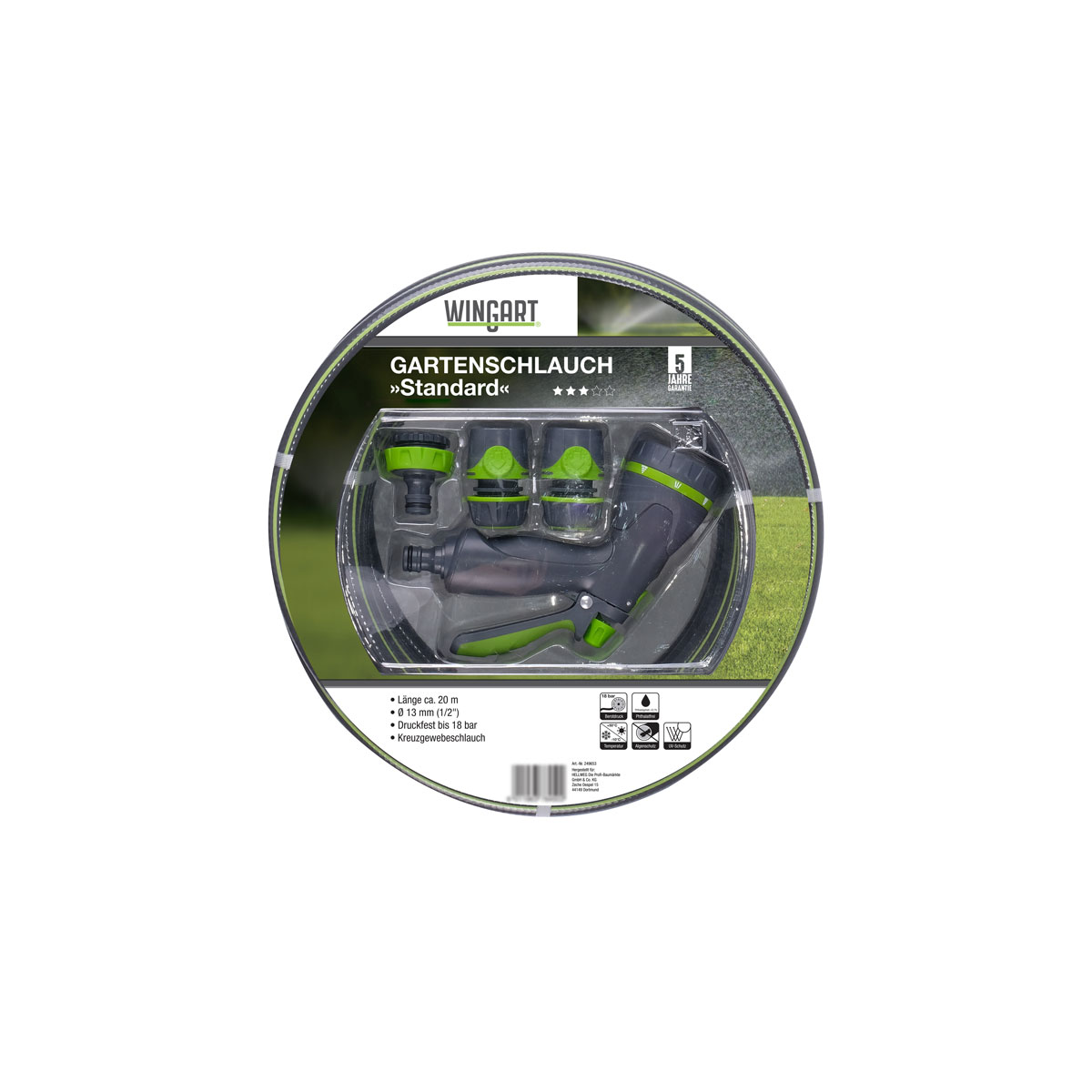 Wingart Gartenschlauch Standard grau mit grünen Streifen 1/2" 20 m mit Anschlüssen