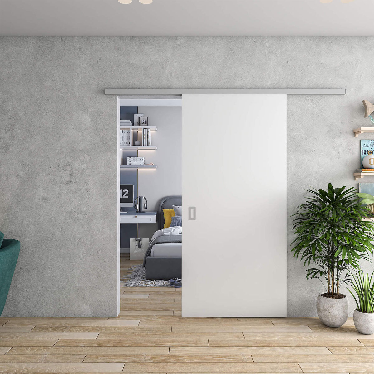 Hibitaro Rahmenlose Holzschiebetür HS-Komplett 755 x 2035 mm Türflügel in Weiß Wandmontage