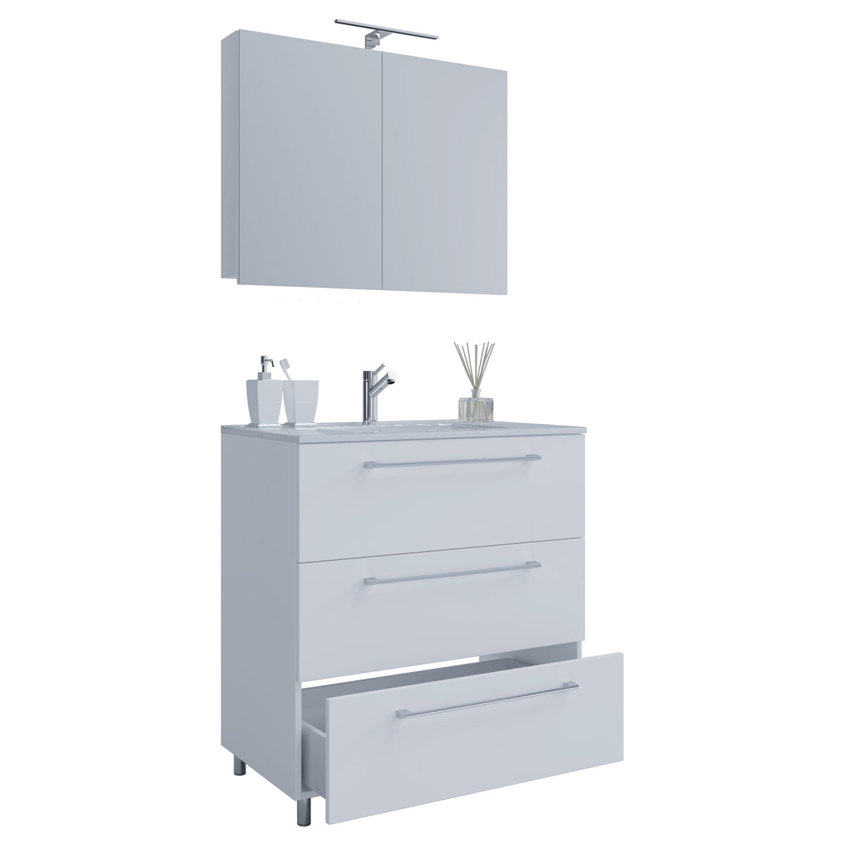 Stand-Waschplatz 60 cm 3-teilig 3 Schubfächer mit Spiegelschrank weiß