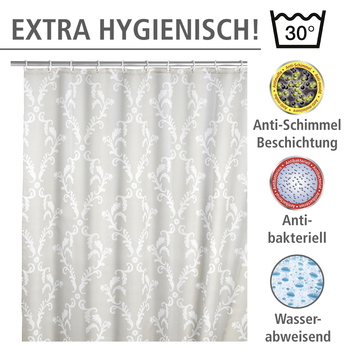 Wenko  Anti-Schimmel Duschvorhang Baroque Textil Polyester 180 x 200 cm waschbar Bild 3