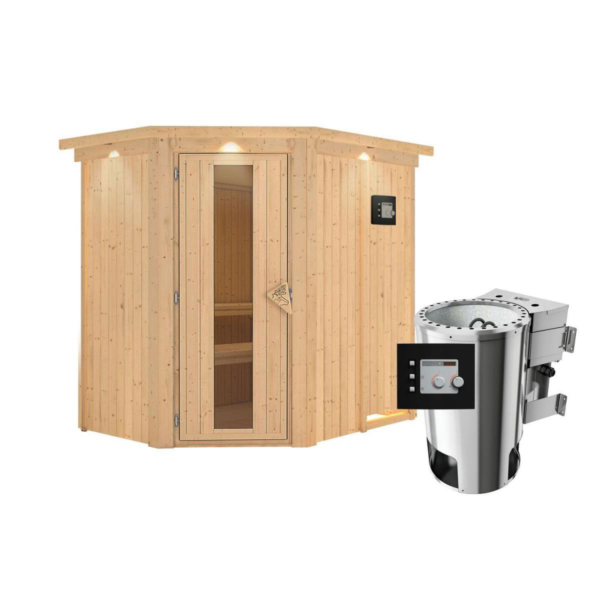 Karibu Sauna Saja Eckeinstieg 3,6 kW Bio Ofen externe Strg modern mit Kranz Energiespartür