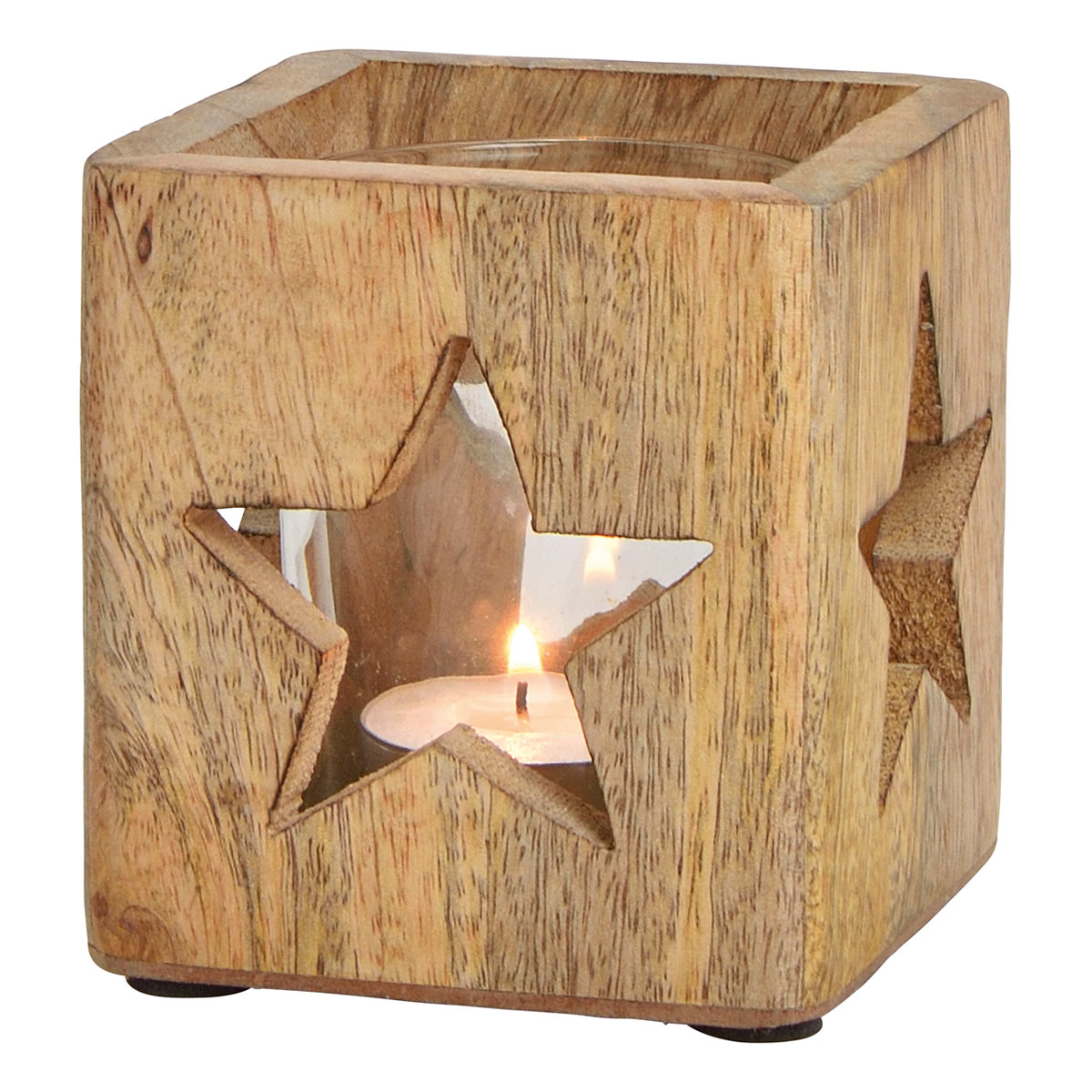 Windlicht Stern Dekor aus Mangoholz Glas braun 9 x 9 x 9 cm