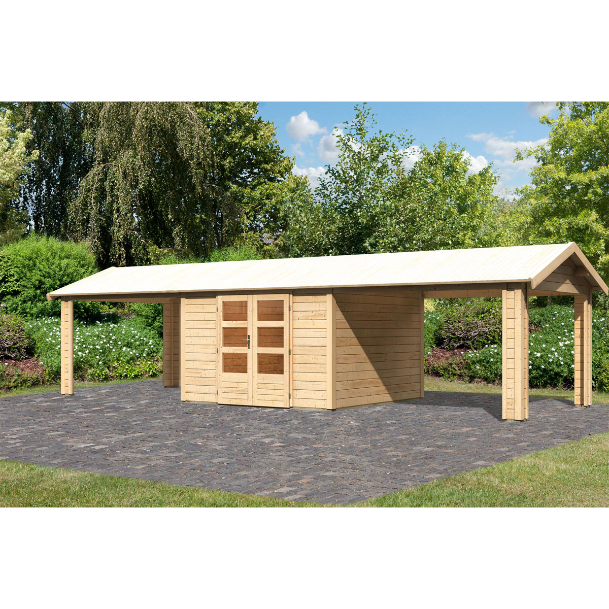 Karibu  Blockbohlenhaus Theres 7 naturbelassen mit 2 Dachausbauelementen