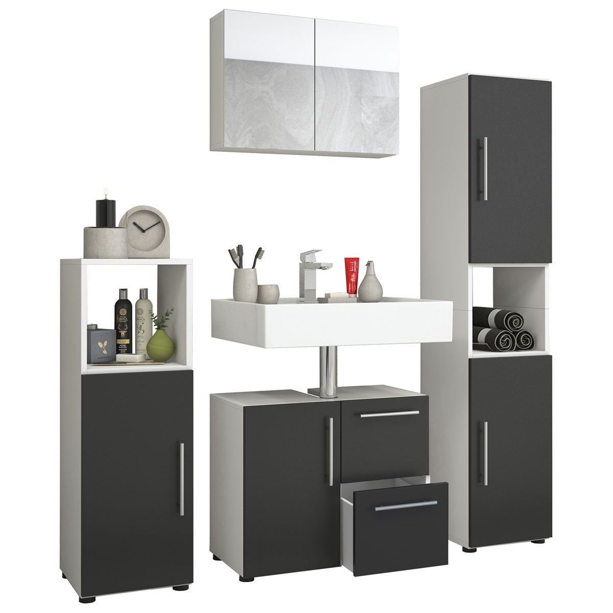 Badset Flandu mit Spiegelschrank weiß/schwarz