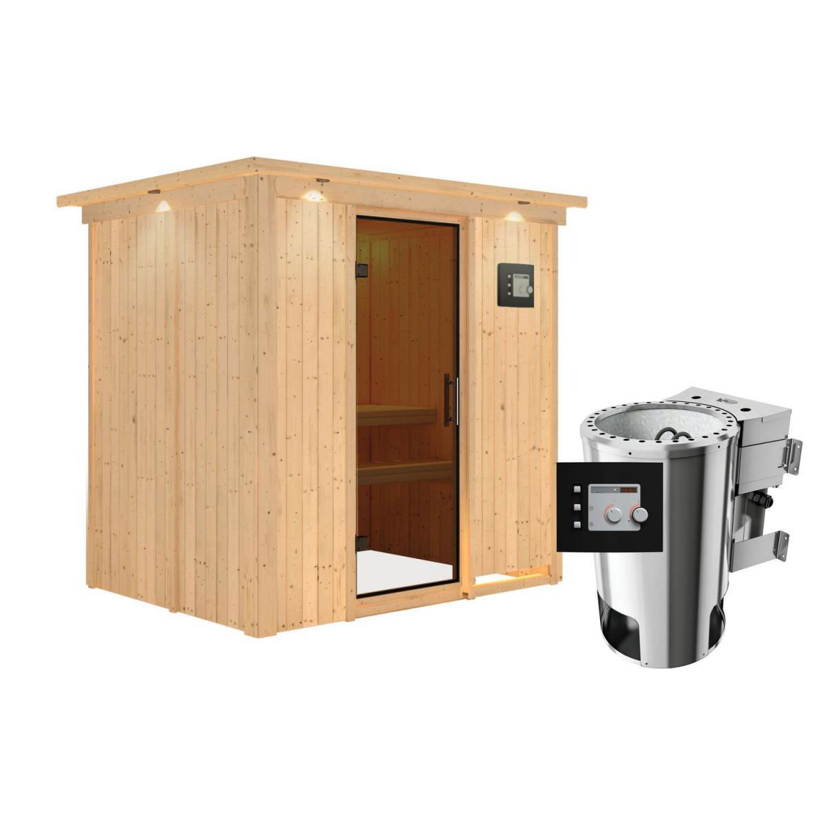 Karibu Sauna Fanja Fronteinstieg 3,6 kW Bio Ofen externe Strg modern mit Kranz graphitfarbene Glastür Bild 1