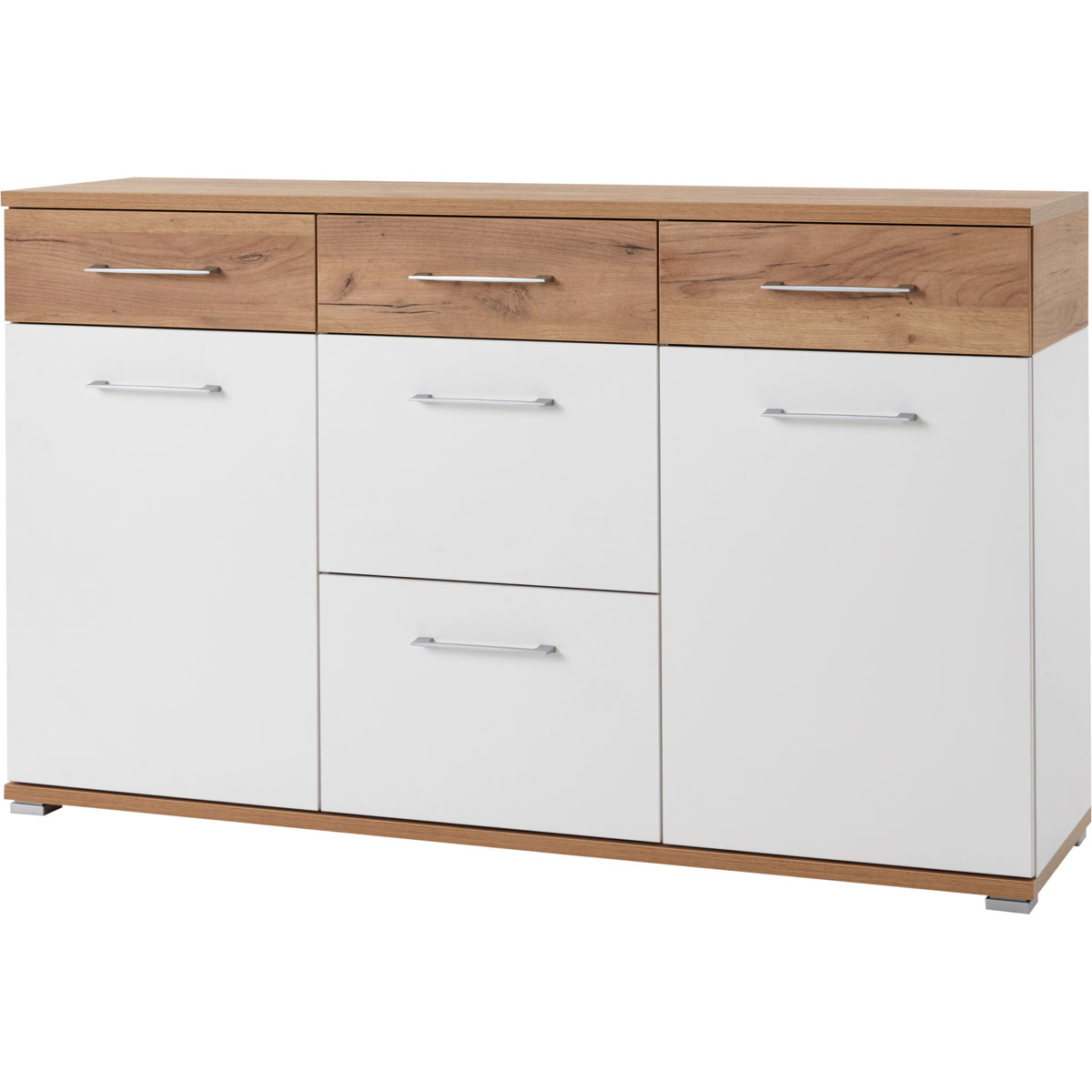 Sideboard Top mit 5 Schubkästen und 2 Türen 144 x 87 x 40 cm weiß/Navarra-Eiche-Nachbildung