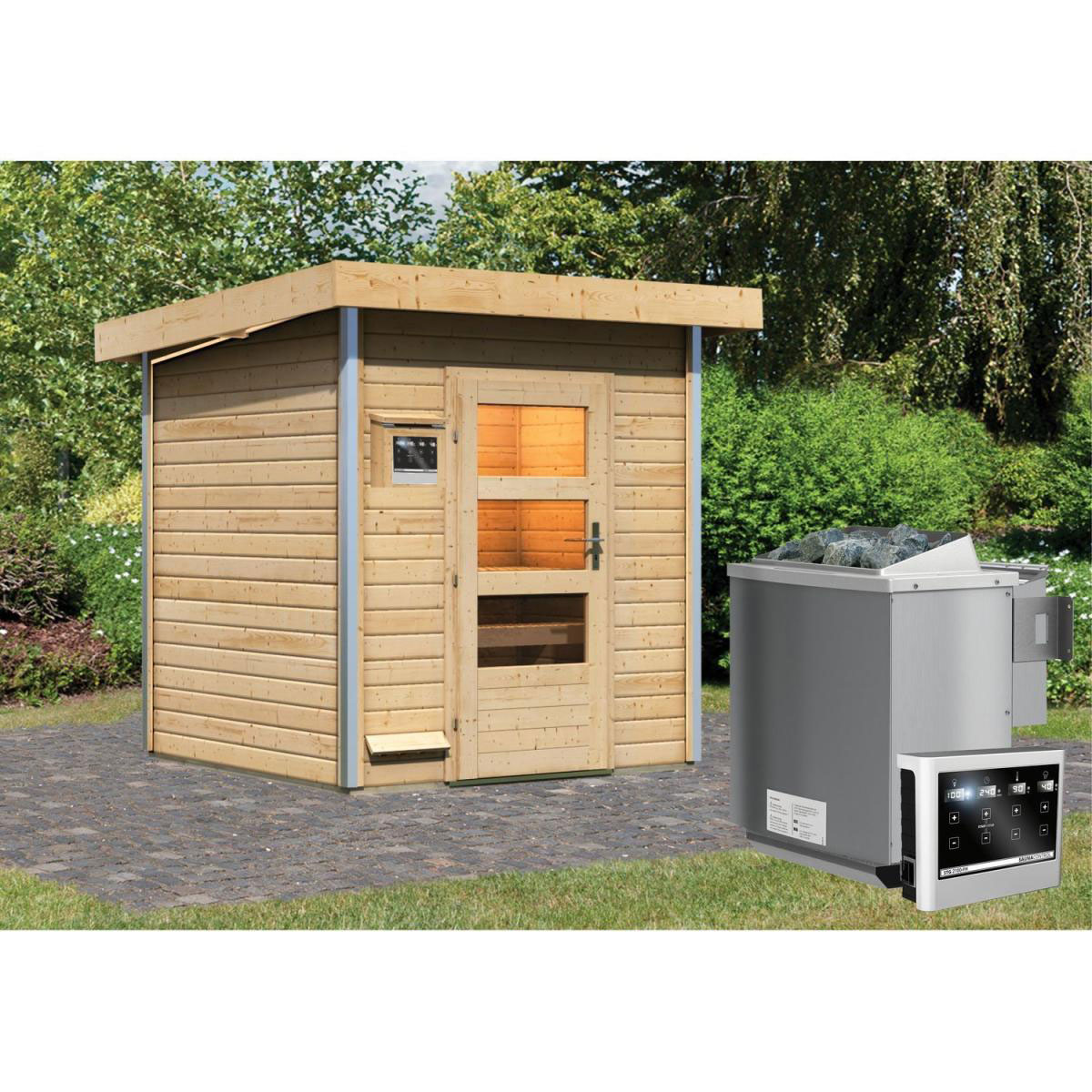 Karibu Saunahaus Torge 38 mm 9 kW Bio Ofen externe Strg moderne Tür Bild 6