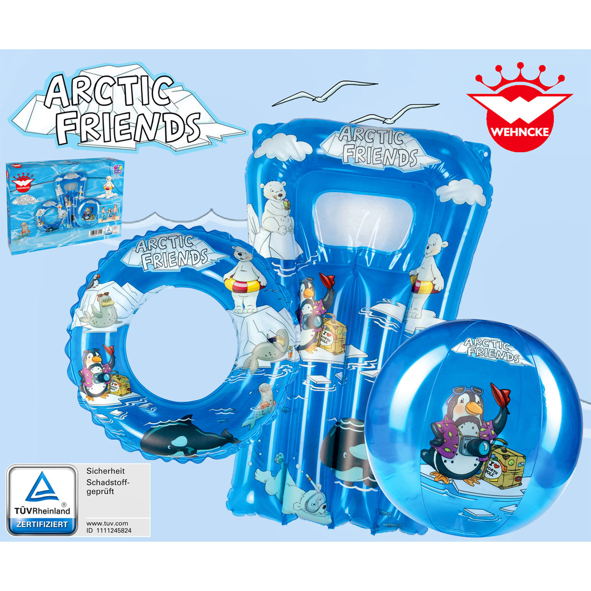 Strand-Set Arctic Friends bestehend aus Wasserball Schwimmring Kindermatratze