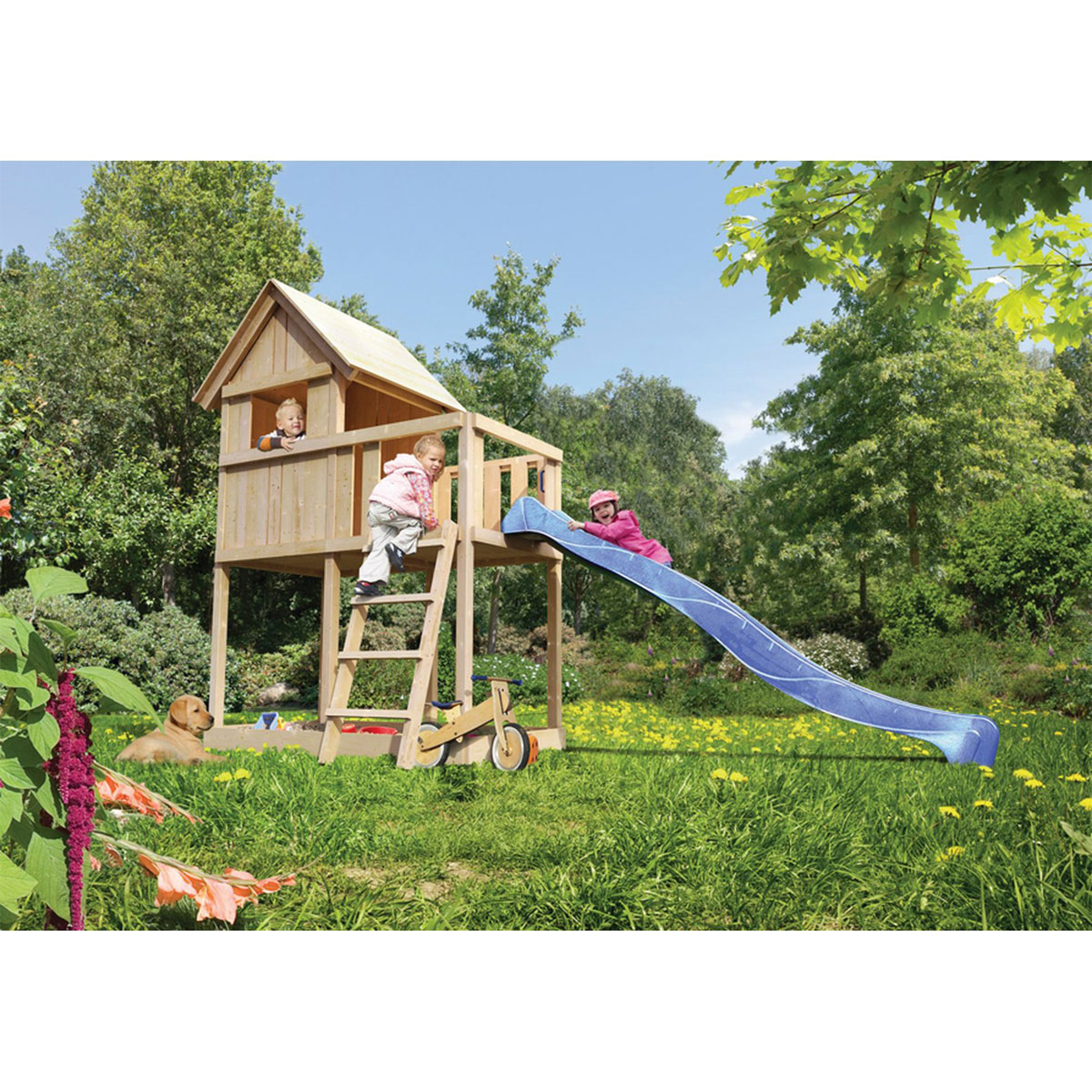 Karibu Kinderspielhaus Frieda mit Anbau und Rutsche naturbelassen Bild 1
