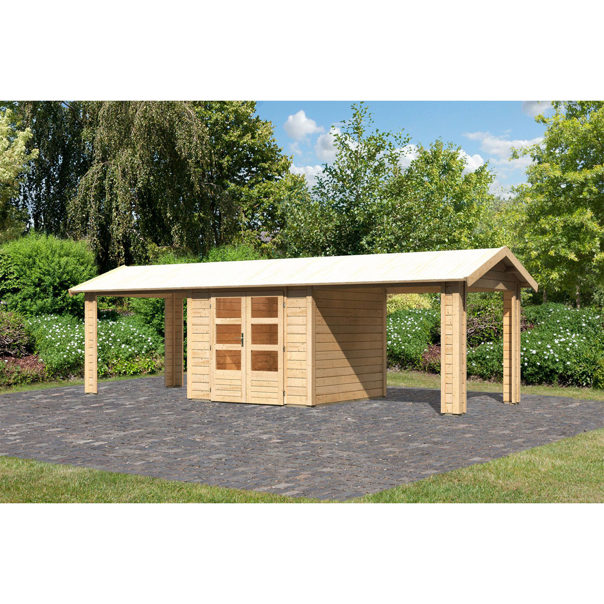 Karibu  Blockbohlenhaus Theres 3 naturbelassen mit 2 Dachausbauelementen