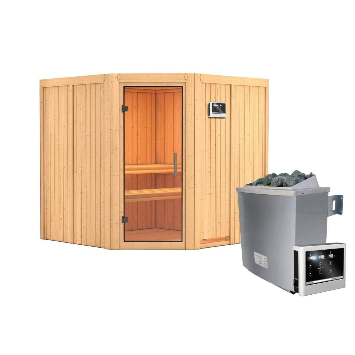 Karibu Sauna Jarin Eckeinstieg 9 kW Ofen externe Strg kein Kranz Klarglas-Tür