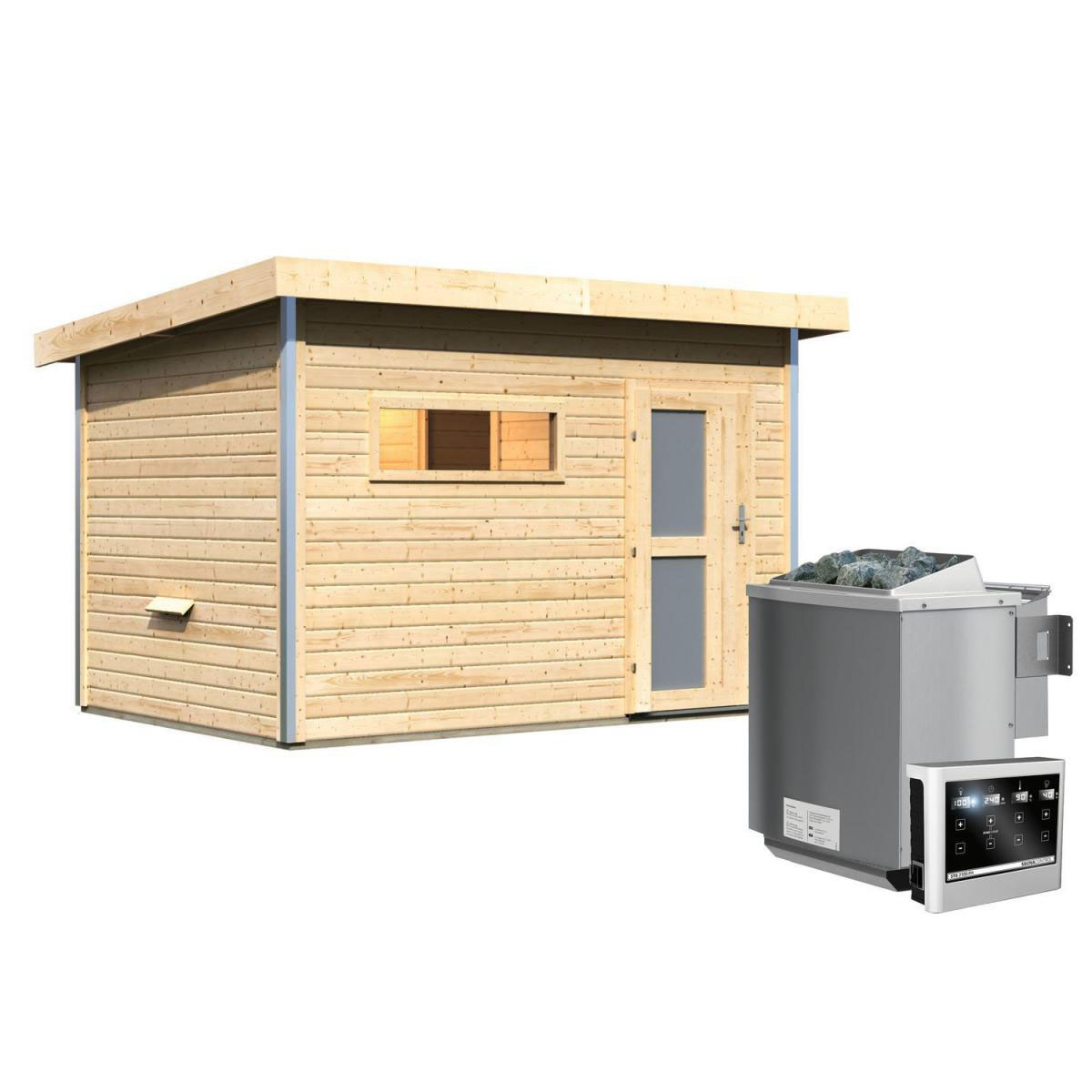 Karibu Saunahaus Skrollan 2 38 mm 9 kW Bio Ofen externe Strg moderne Tür