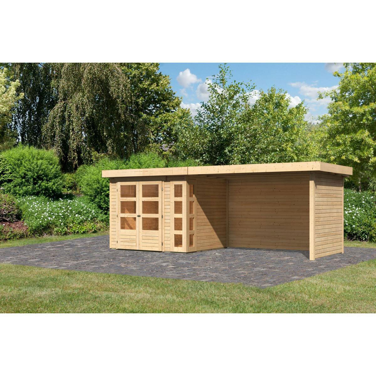 Karibu Gartenhaus-Set Kerko 3 mit Anbaudach 2,8 m mit Seiten- und Rückwand naturbelassen