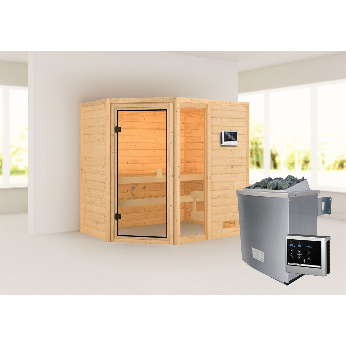 Karibu Sauna Jada naturbelassen externe Steuerung ohne Dachkranz Bild 1