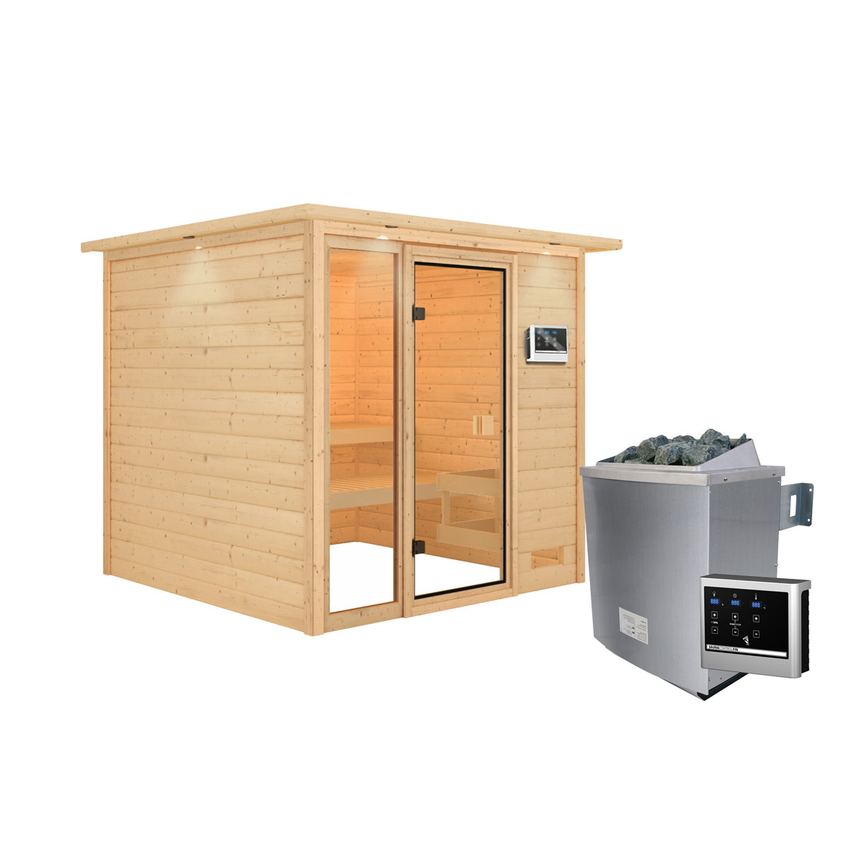 Karibu Sauna Jutta mit Kranz naturbelassen externe Steuerung Bild 2