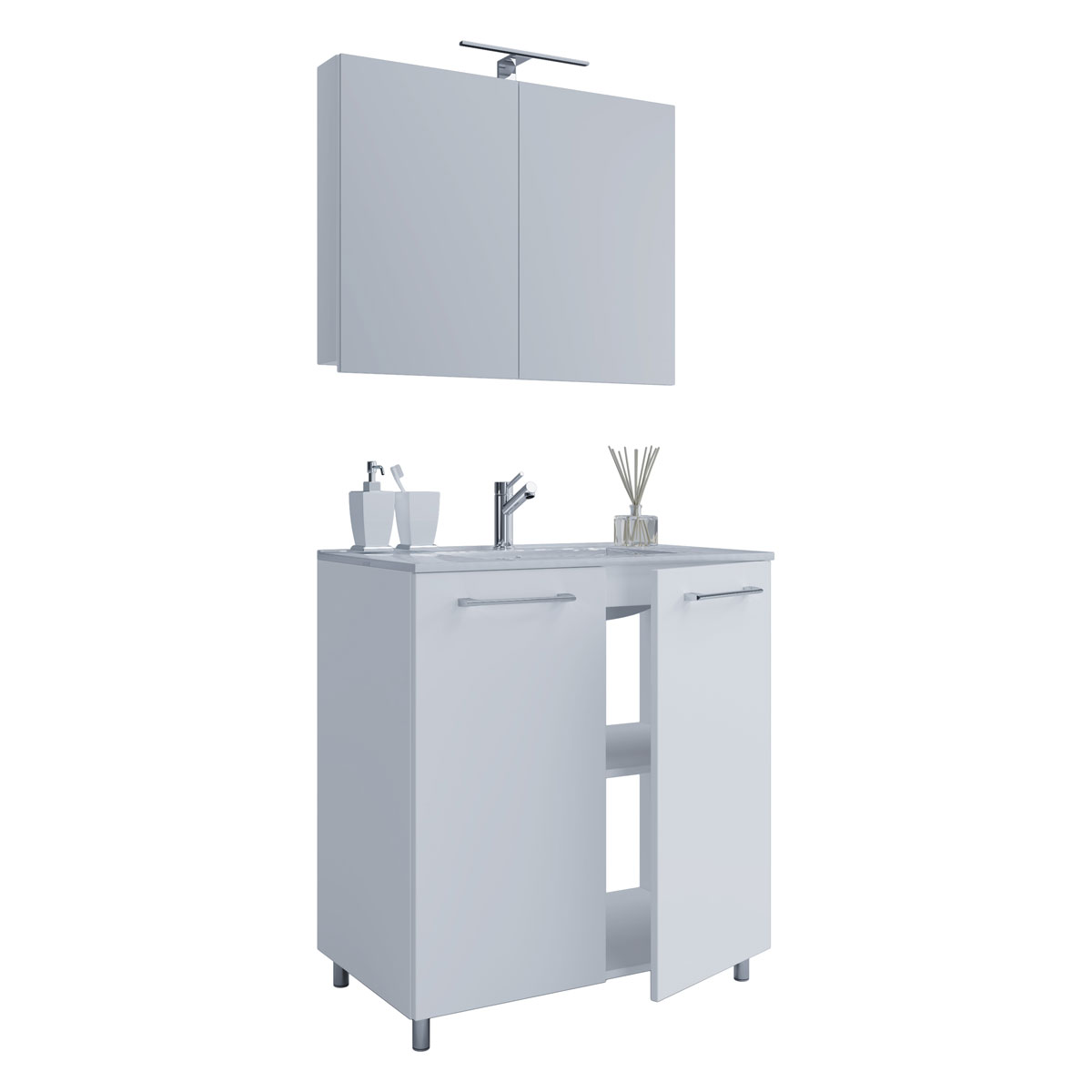 Stand-Waschplatz 80 cm 3-teilig 2 Türen mit Spiegelschrank weiß
