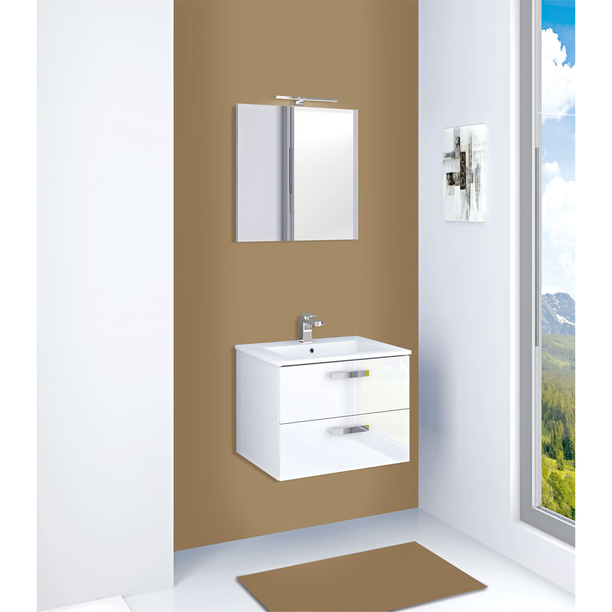 Waschplatz Verona inkl Spiegel mit Beleuchtung weiß Hochglanz