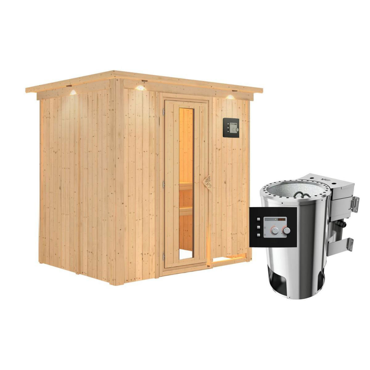 Karibu Sauna Fanja Fronteinstieg 3,6 kW Bio Ofen externe Strg modern mit Kranz Energiespartür Bild 1