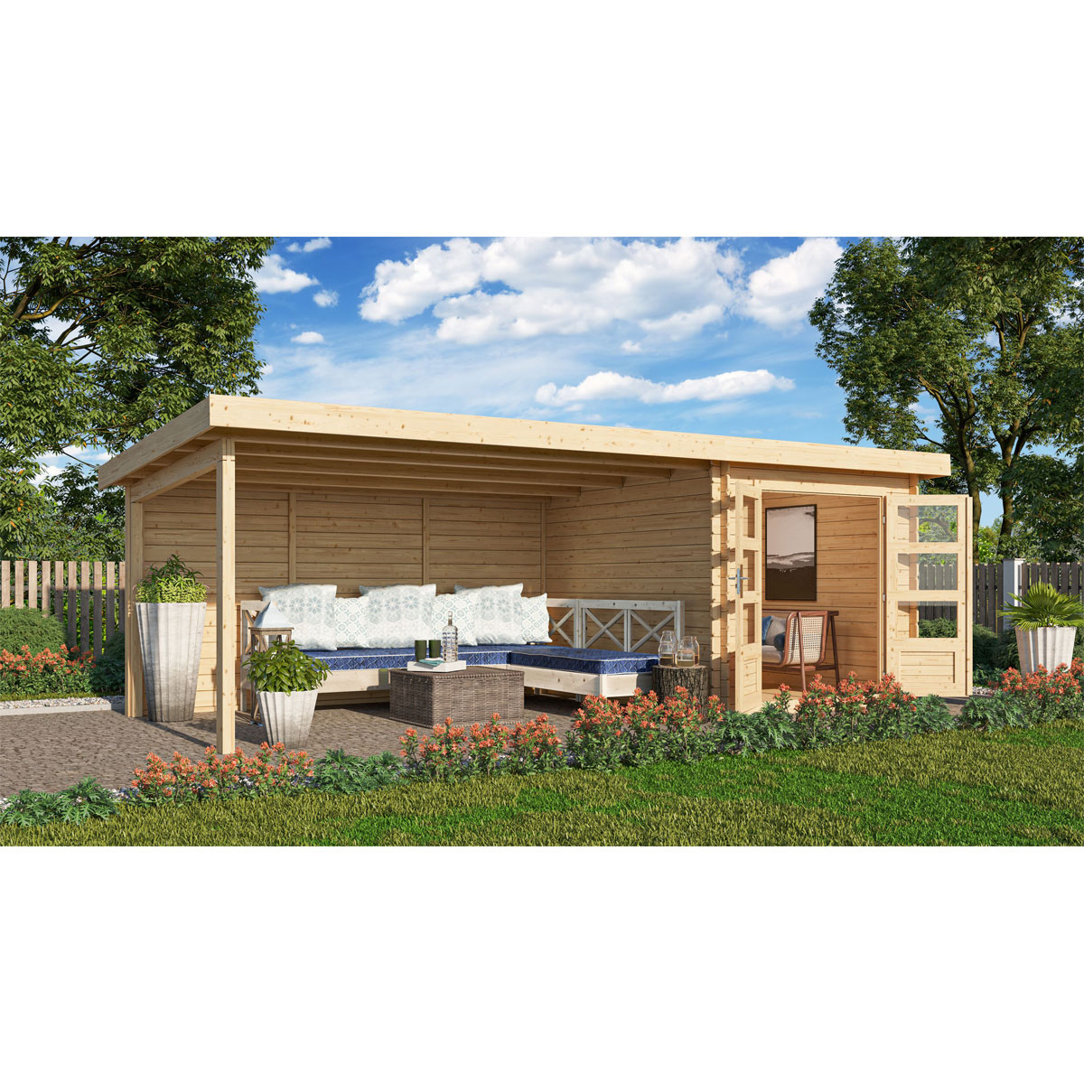 Karibu BBH Bastrup 4 Set mit Anbaudach naturbelassen