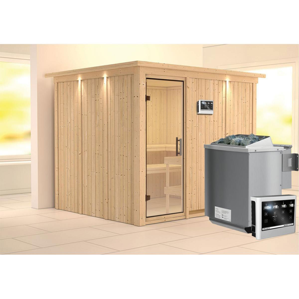 Karibu Sauna Gobin Fronteinstieg 9kW Bio Ofen mit Kranz Klarglas-Tür Bild 7