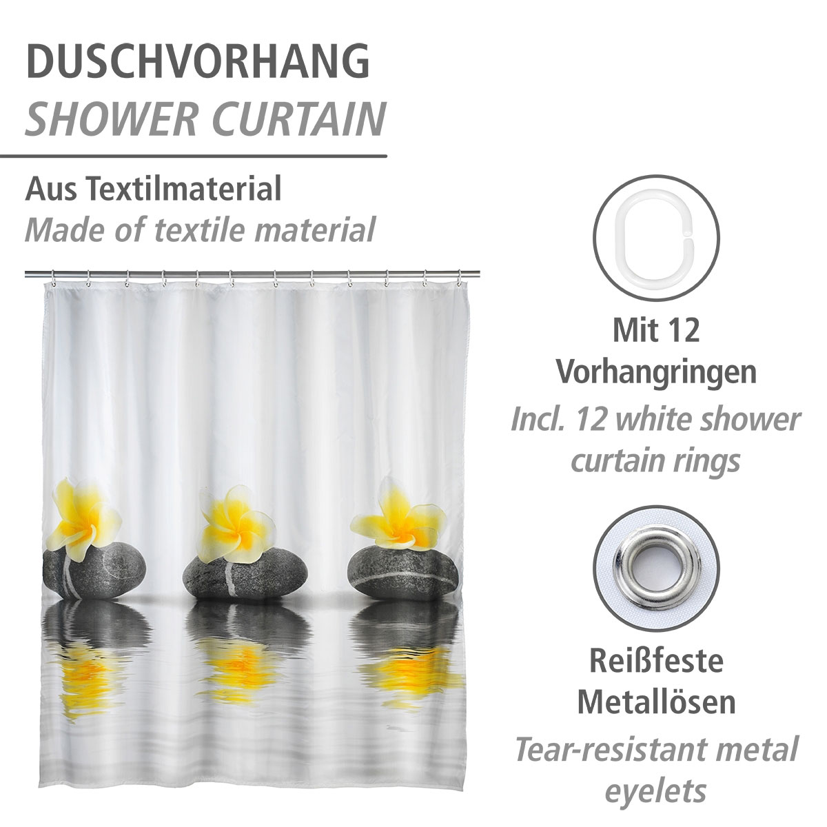 Wenko  Duschvorhang Stones with Flower Textil Polyester 180 x 200 cm waschbar Bild 2