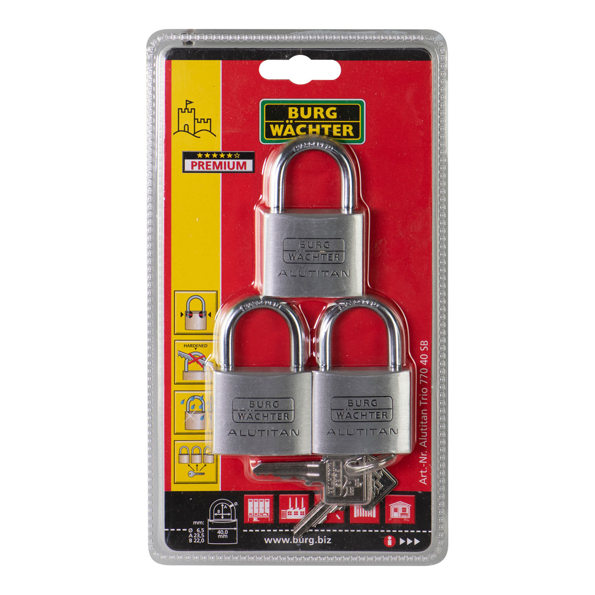 Burg Wächter Zylinder-Vorhängeschloss Trio 770 40 x 65,5 x 14,3 mm silber