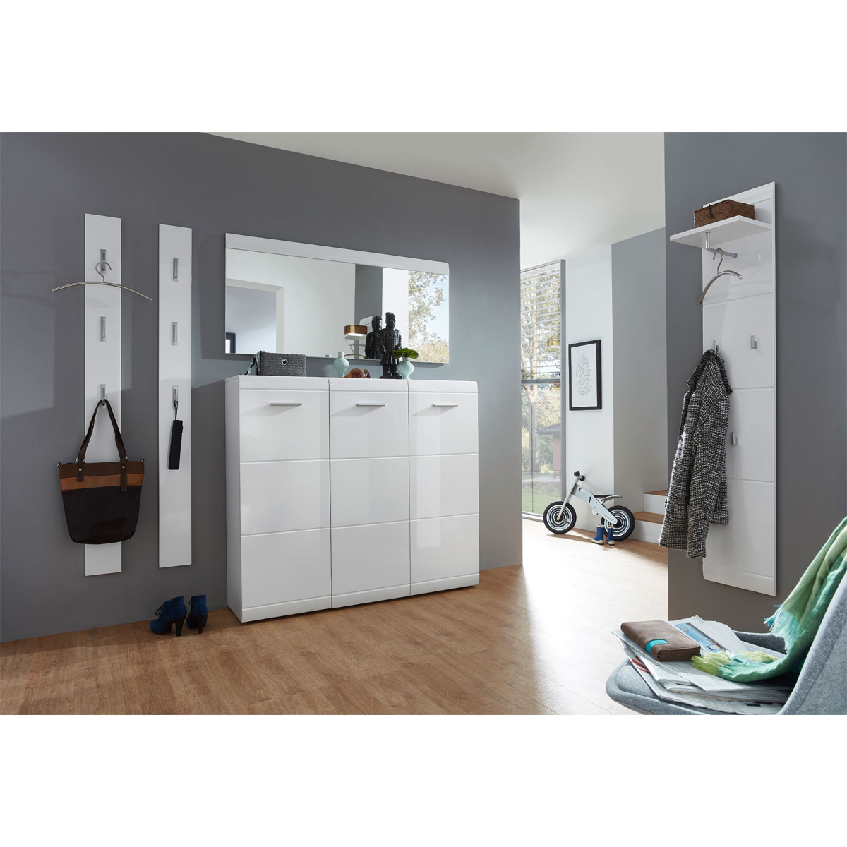 Schuhschrank Adison Fronten in Hochglanz mit Rillenfräsung 134 x 120 x 36 cm weiß Bild 5