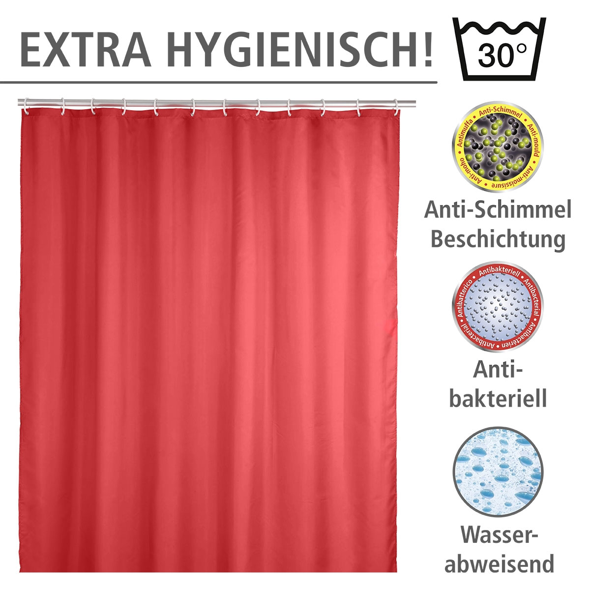 Wenko  Anti-Schimmel Duschvorhang Uni Red Textil Polyester 180 x 200 cm waschbar Bild 3