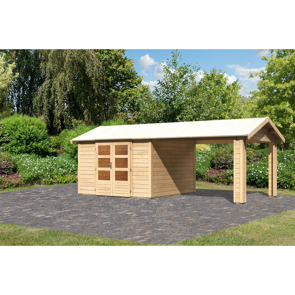 Karibu  Blockbohlenhaus Theres 7 naturbelassen mit Dachausbauelement