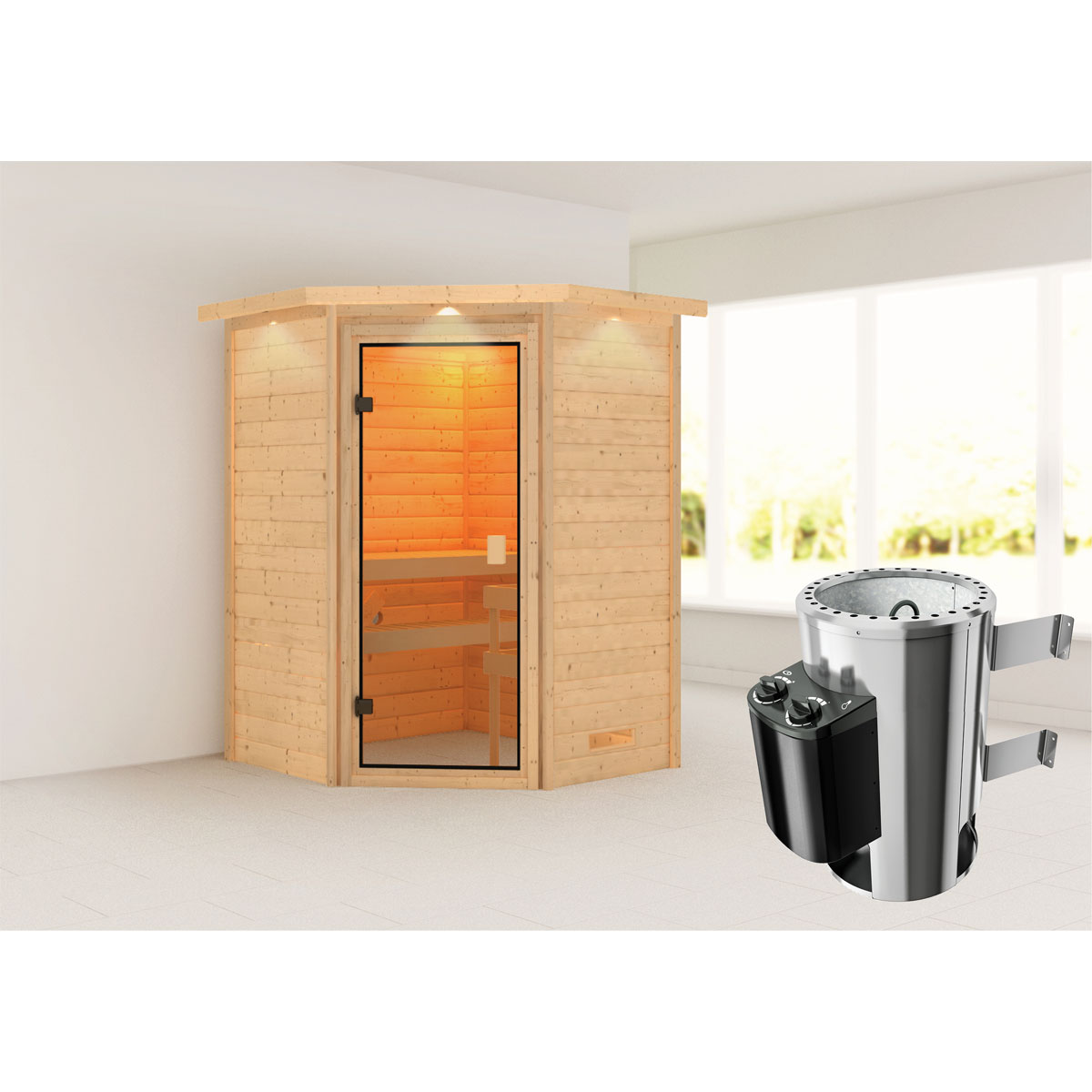 Karibu Sauna Antonia 3,6 kW mit Kranz naturbelassen integrierte Steuerung
