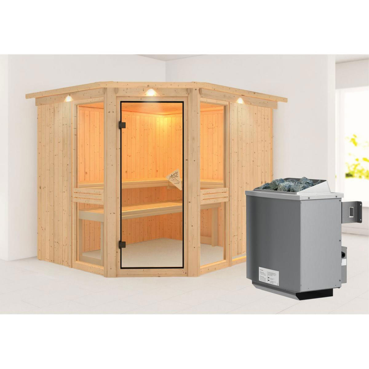 Karibu Amelia 3 Eckeinstieg 9 kW Ofen integr Strg mit Kranz