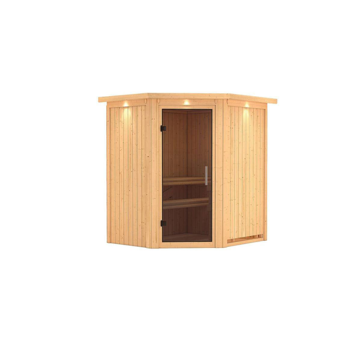 Karibu Sauna Tonja Eckeinstieg ohne Ofen mit Kranz graphitfarbene Glastür