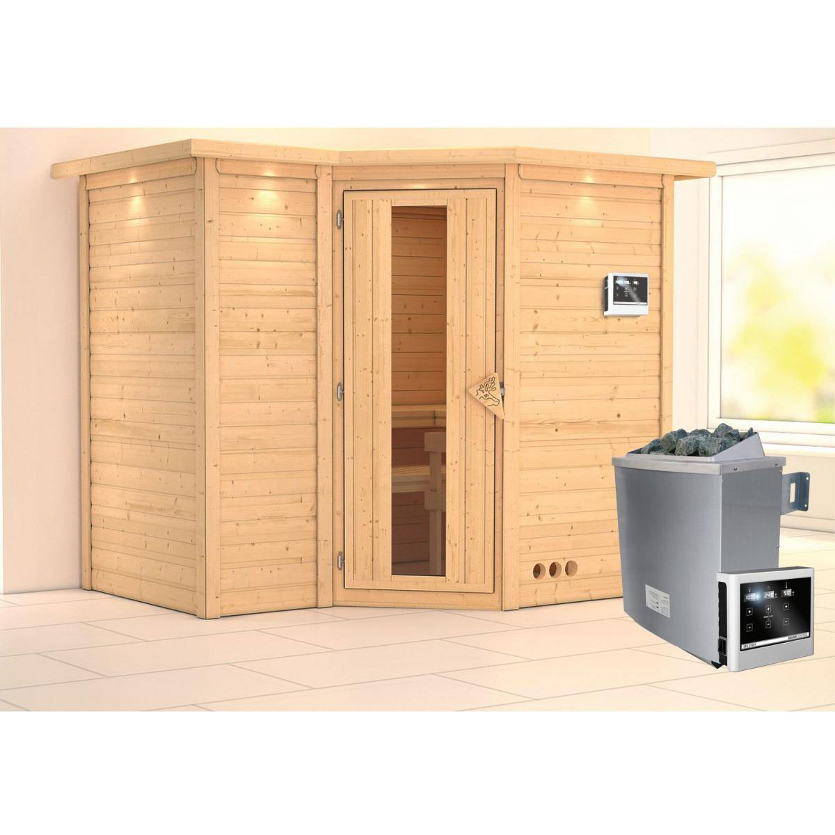 Karibu Sahib 2 Eckeinstieg 9 kW Ofen externe Strg modern mit Kranz Tür gedämmt Bild 1