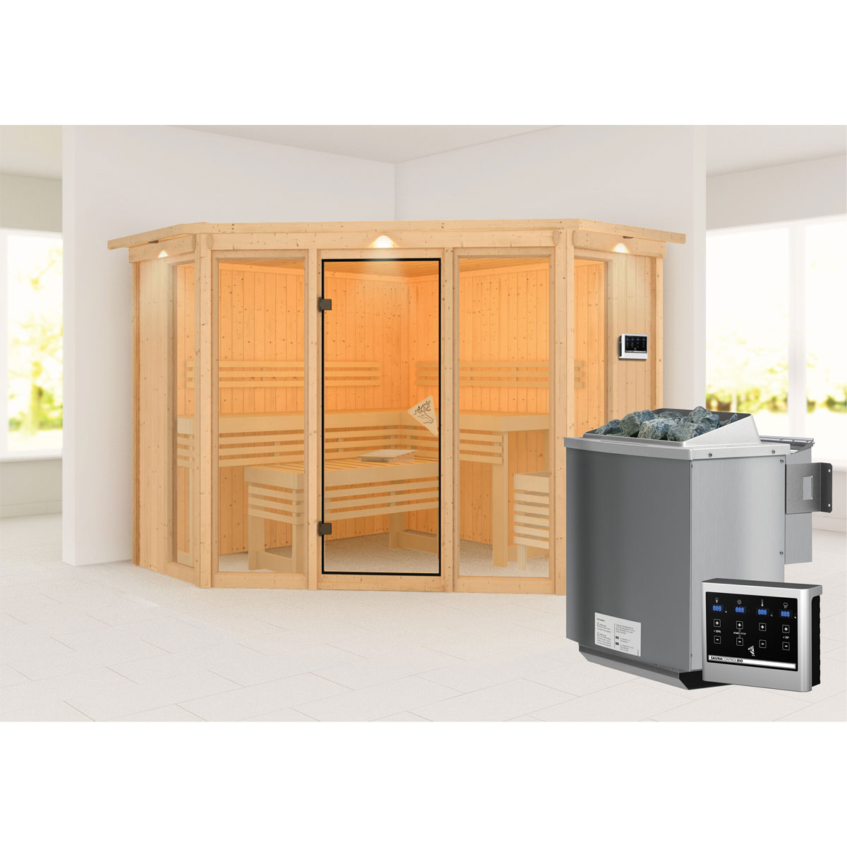 Karibu Sauna Alcinda 2 mit Kranz naturbelassen Bio externe Steuerung