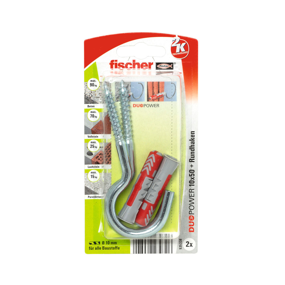 Fischer Dübel DuoPower 10 x 50 mm mit Rundhaken Galvanischbeschichtet groß 2 Stück