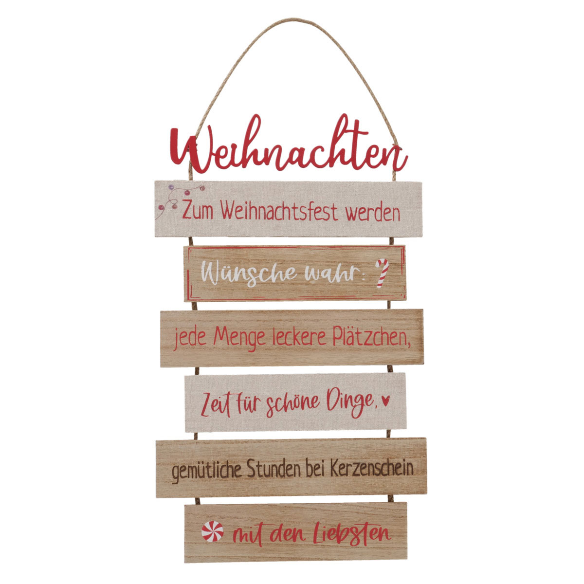 Schild Nollaig sortiert Rechteck 0,5 x 24 x 48 cm natur rot Metall Textil Holz