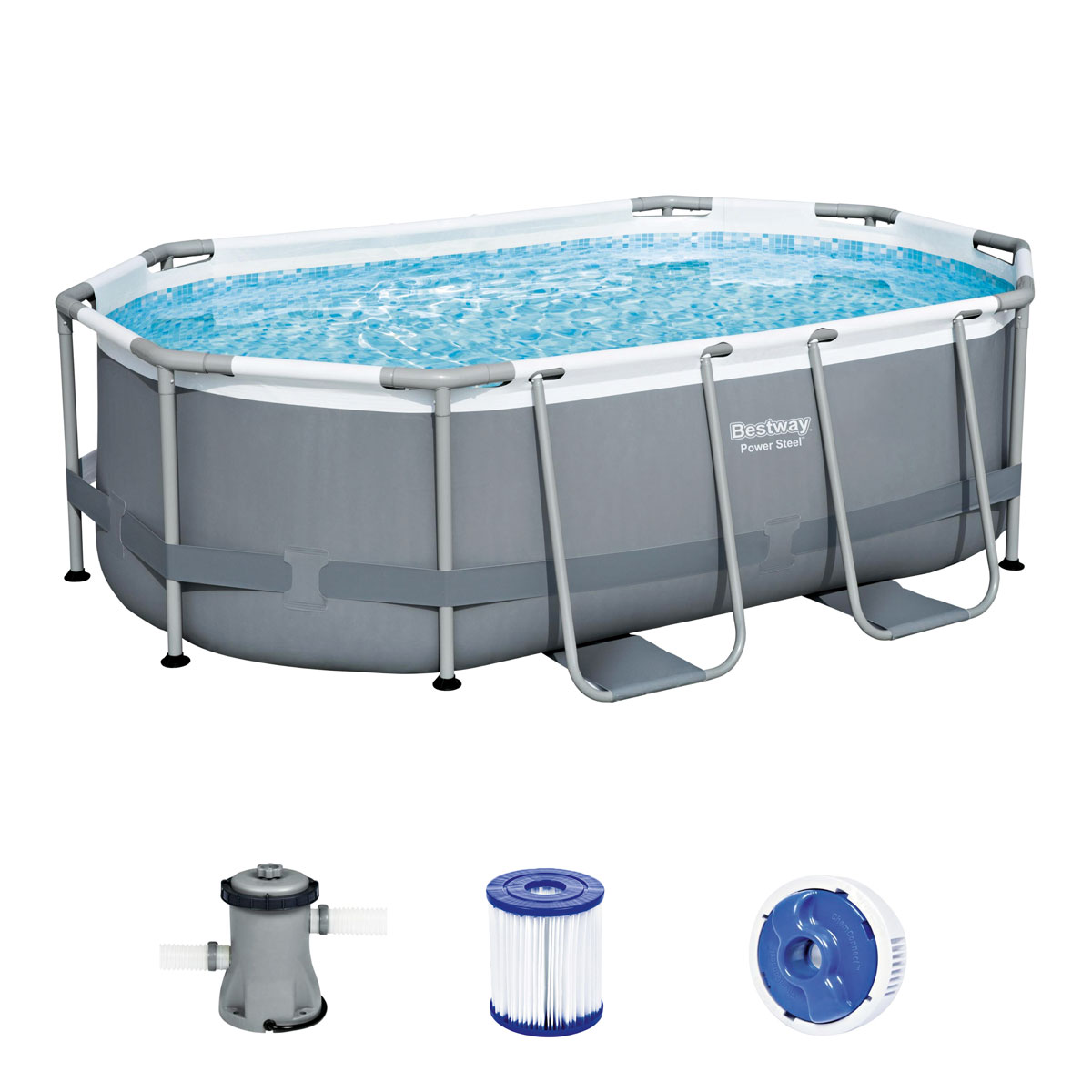 Bestway Power Steel Frame Pool komplettSet mit Filterpumpe grau oval