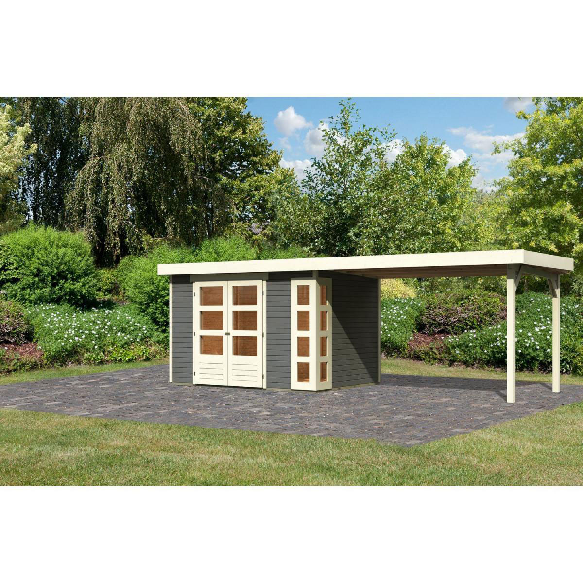 Karibu Gartenhaus-Set Kerko 4 mit Anbaudach 2,8 m terragrau