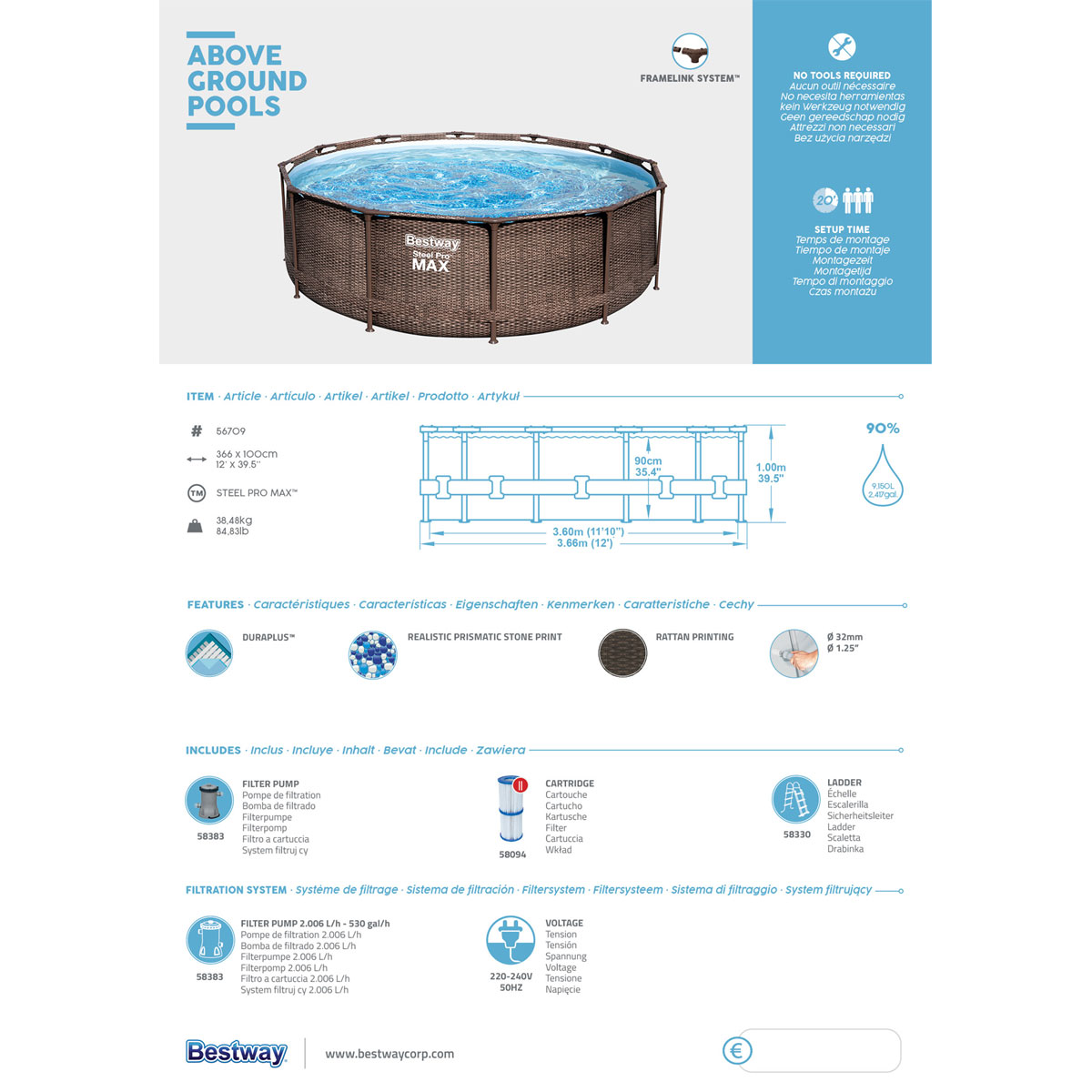 Bestway Frame Pool Komplett-Set mit Filterpumpe und Sicherheitsleit Bild 8