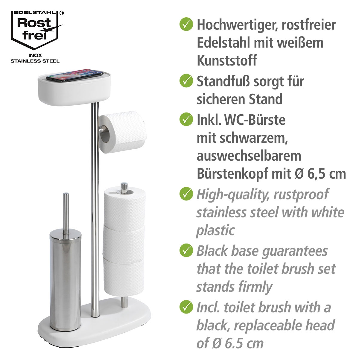 Wenko Stand WC-Garnitur mit Box Rivazza Weiß integrierter  Toilettenpapierhalter Ersatzrollenhalter und WC-Bürstenhalter mit Ablagebox  | 514827