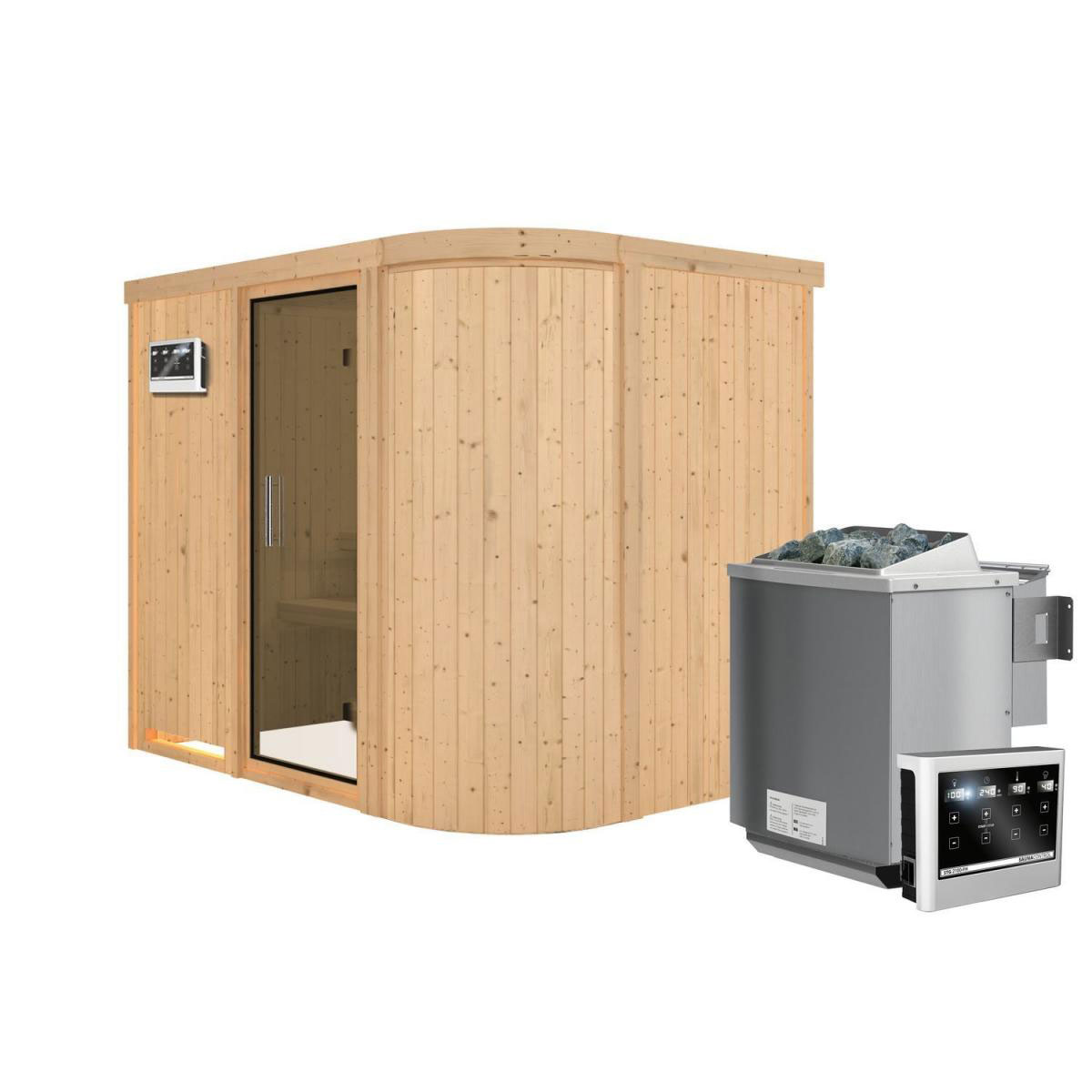 Karibu Sauna Titania 4 Fronteinstieg 9 kW Bio Ofen kein Kranz Klarglas-Tür