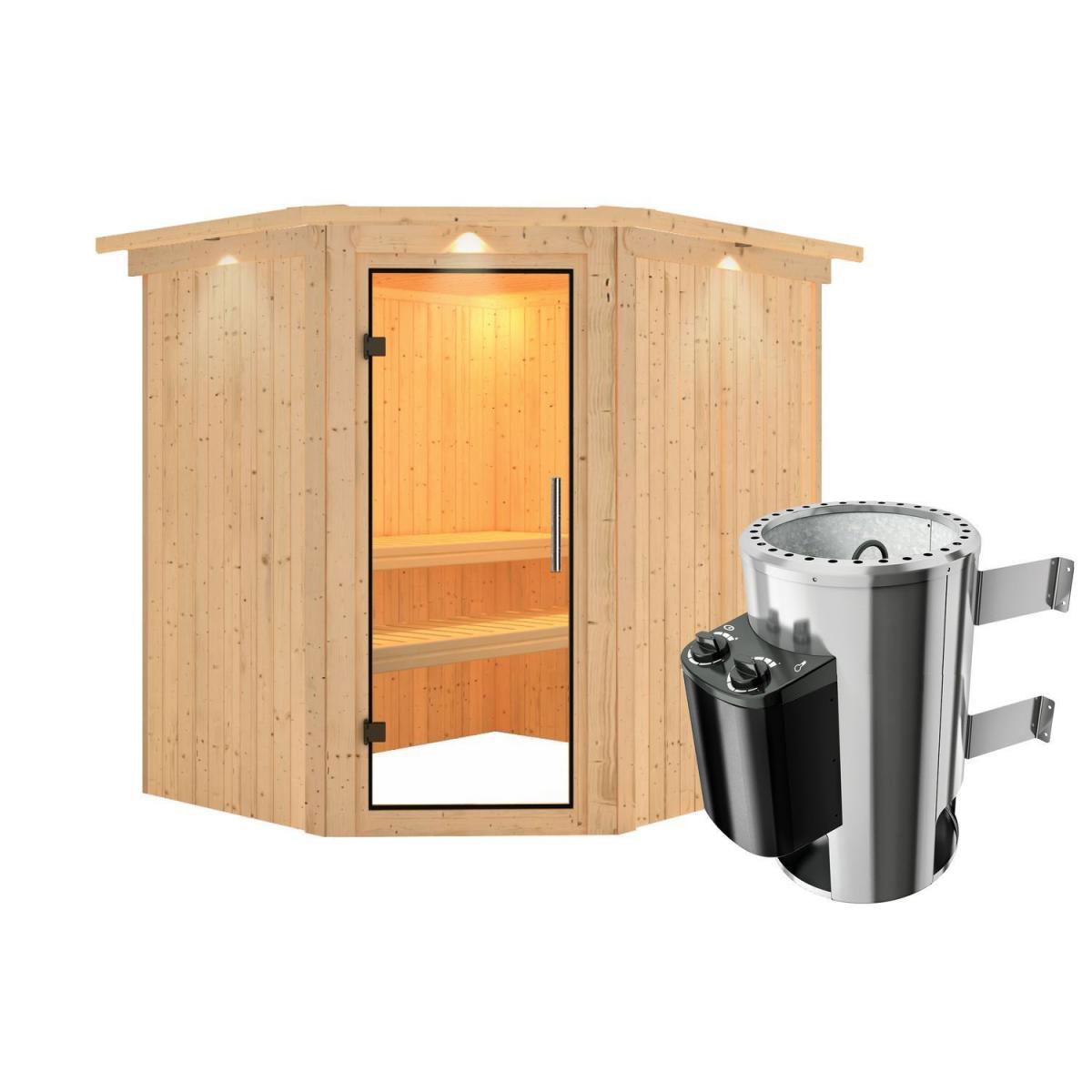 Karibu Sauna Lilja Eckeinstieg 3,6 kW Ofen integr Strg mit Kranz Klarglas-Tür Bild 2