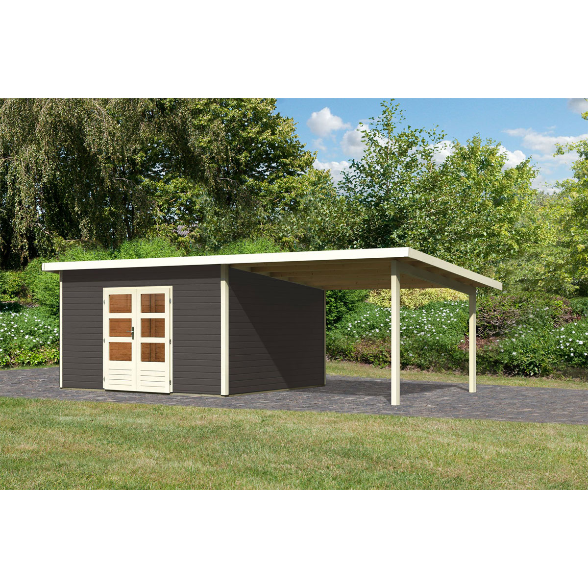 Karibu  Gartenhaus Northeim 5 terragrau 40 mm mit Anbaudach