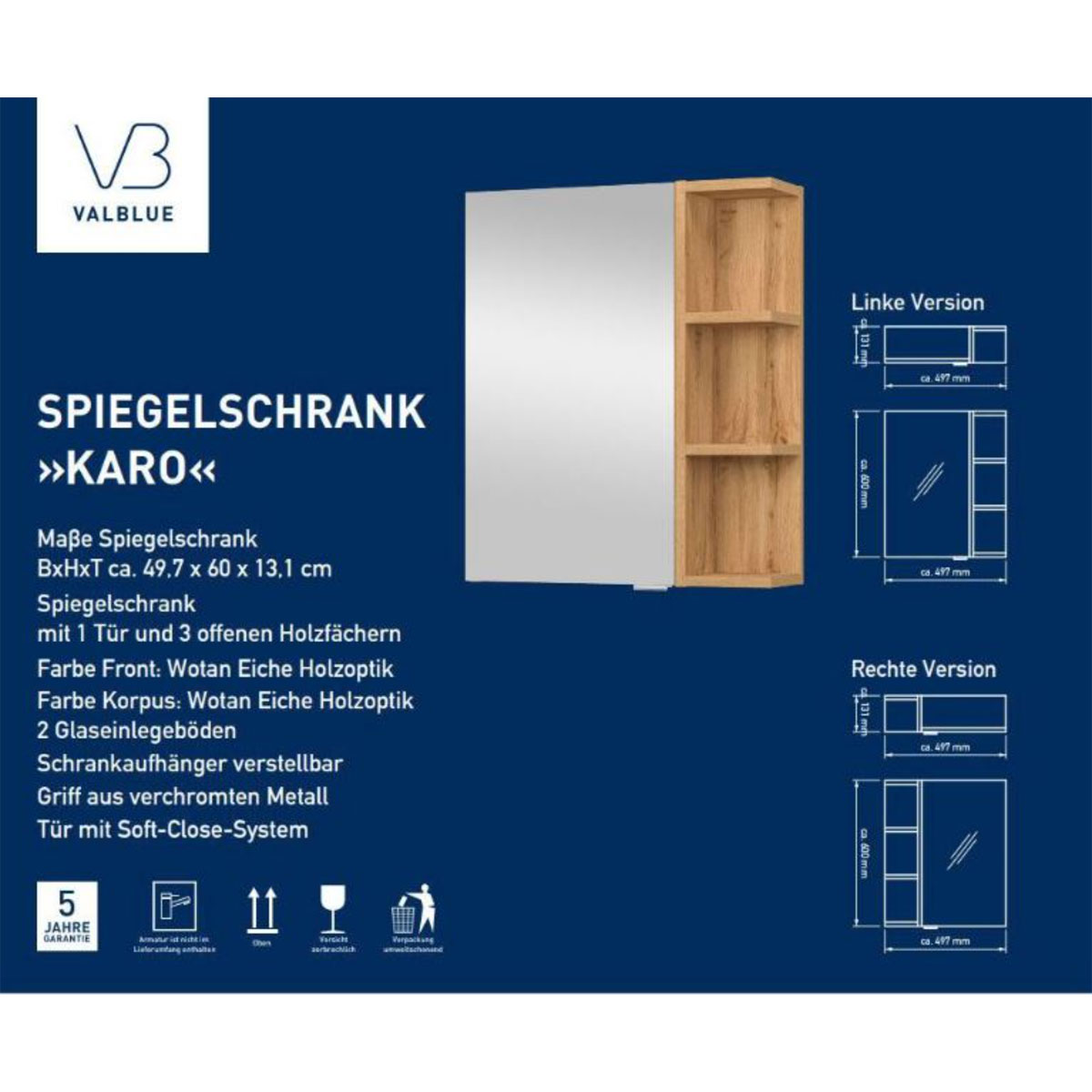 Gäste Spiegelschrank Karo Wotan Eiche, 1 Tür, 4 offene Fächer, 2 Glaseinlegeböden, B50cm Bild 2