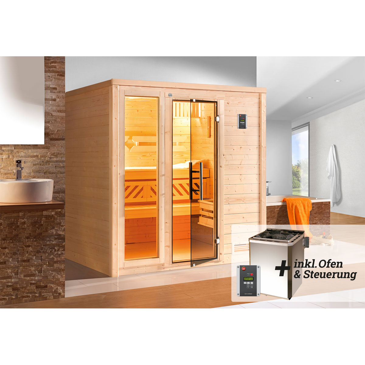 Weka  Premium Massivholz-Sauna Bergen Größe 2 Sparset 7,5 kW Bio S Glastuer Bild 2