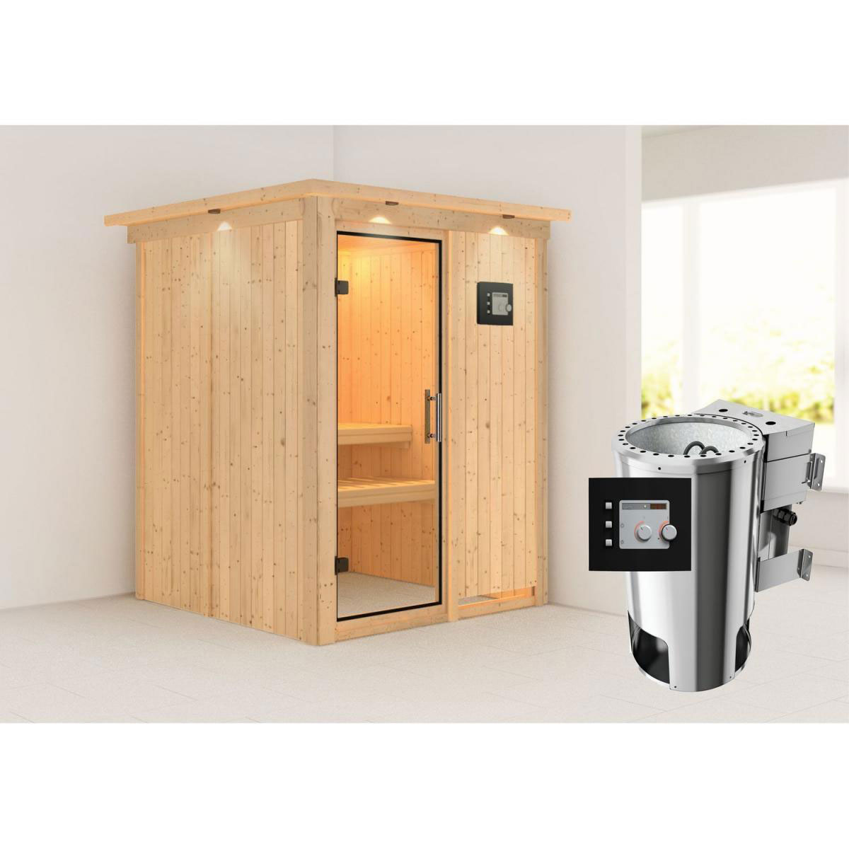 Karibu Sauna Minja Fronteinstieg 3,6 kW Bio Ofen externe Strg modern mit Kranz Klarglas-Tür Bild 7