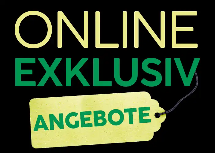 Online Exklusive Angebote, schwarzer Hintergrund, grün-gelbe Schrift Online Exklusive Angebote, schwarzer Hintergrund, grün-gelbe Schrift