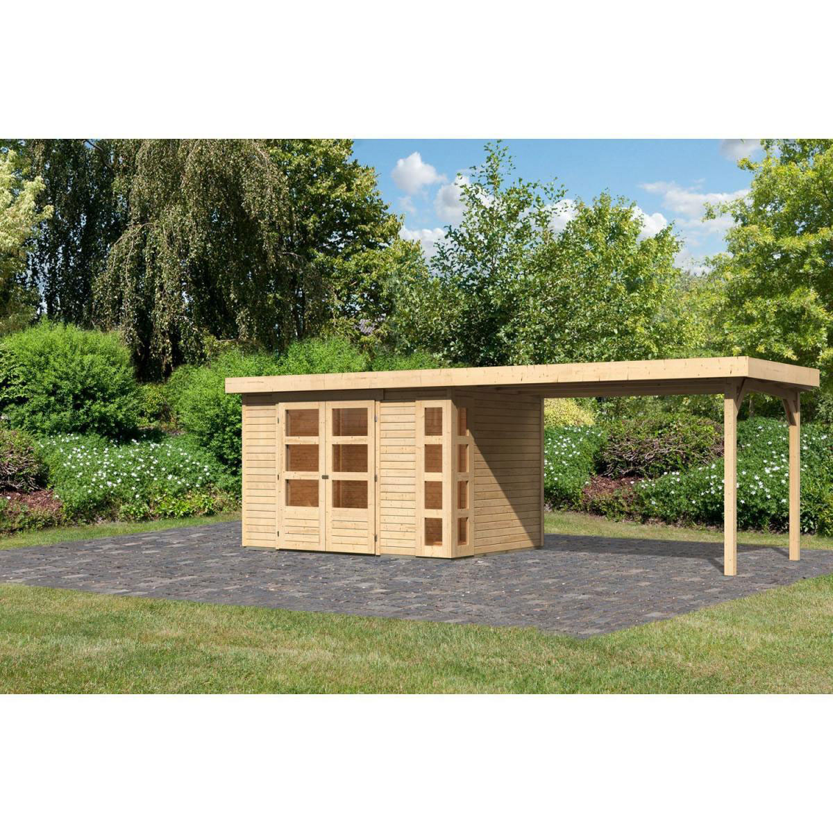Karibu Gartenhaus-Set Kerko 4 mit Anbaudach 2,8 m naturbelassen
