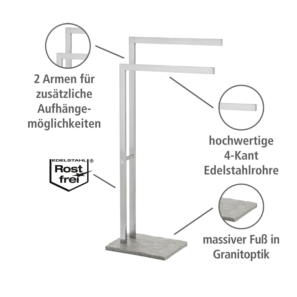 Wenko  Handtuchständer Granit mit 2 Armen Edelstahl Kleiderständer rostfrei Bild 3